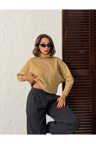 MELA ROSSA Women's Beige Mock Neck Batwing Sleeve 3 Thread Short Sweat Blouse