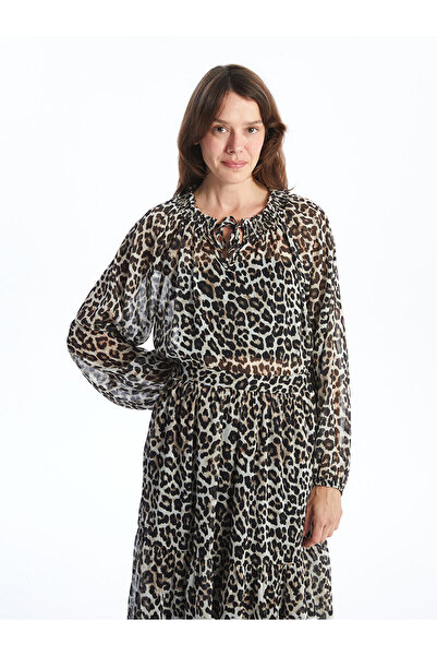 LC Waikiki Lcwaıkı Klassische braune Damenbluse mit Bindekragen und Leopardenmuster