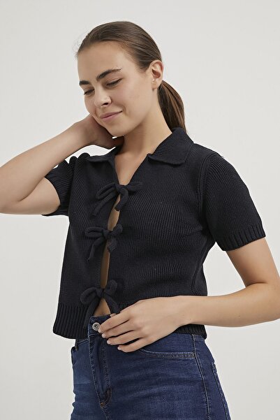 Arma Life Armalife 4821 Short Sleeve Front Lace-Up Collar Knitwear Women's Cardigan