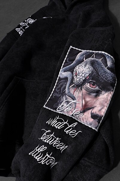 Slatra Men's Black Illusion Embroidered Patch Washed O Oversized K Hooded Sweatshirt