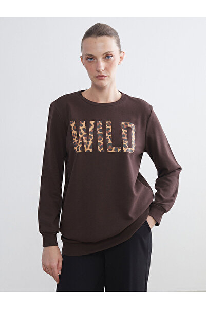 LC Waikiki LCW ECO Kahverengi Bisiklet Yaka Leopar Desenli Kadın Sweatshirt T...
