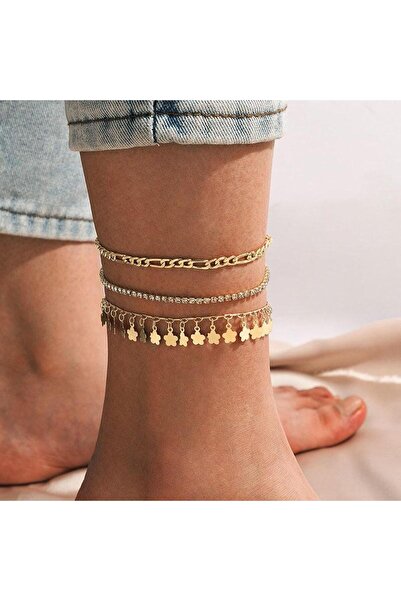 Pursehuit Set of 3 anklets, gold-colored, with stars and stones, Gardy C1