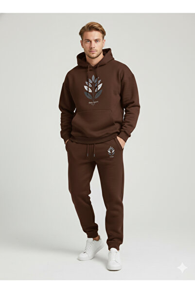 NİCE Three Thread Compact Hooded Cotton Inside Leaf B Printed Premium O Oversized Tracksuit Set