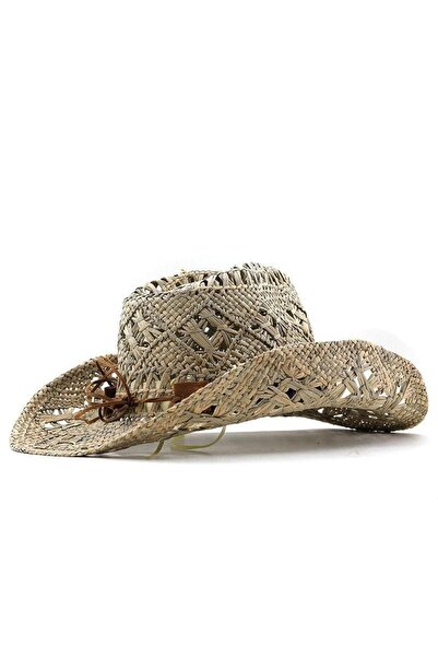 Pursehuit Women's hat, beige, summer, made of straw, cowboy style, Angela