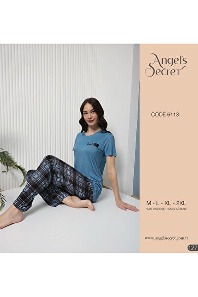 Angels Secret Angel’s Secret Mavi Ekose Desenli Kadın Viskon Pijama Takımı