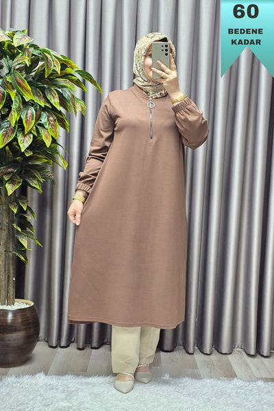 Elmas Tesettür Kadın Tesettür Giyim Büyük Beden Fermuarlı Jumbo Uzun Tunik