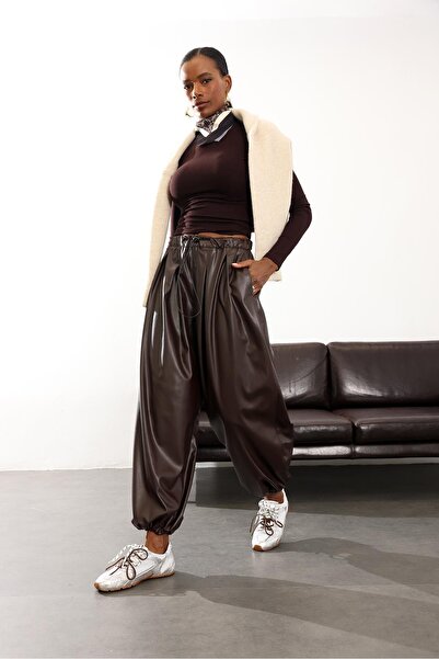 5in1Canpolat Brown Barrel Mold Leather Trousers 1602