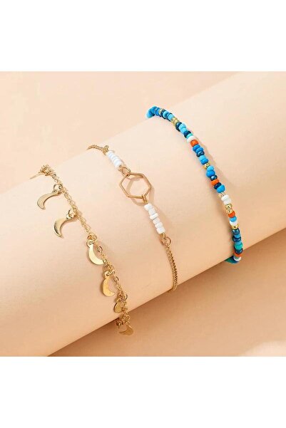 Pursehuit Set of 3 anklets, gold, with crescent moon and blue beads, Alexa C1