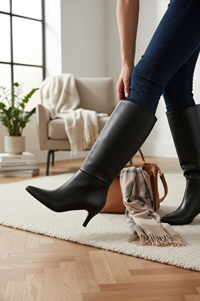 VeliKundura Popi̇n Black Pointed Heel Pointed Toe Women's Boots