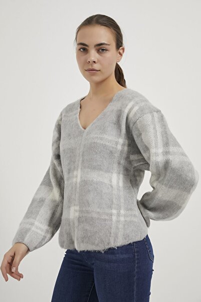 Arma Life Armalife 4796 V-Neck Plaid Casual Knitwear Women's Sweater