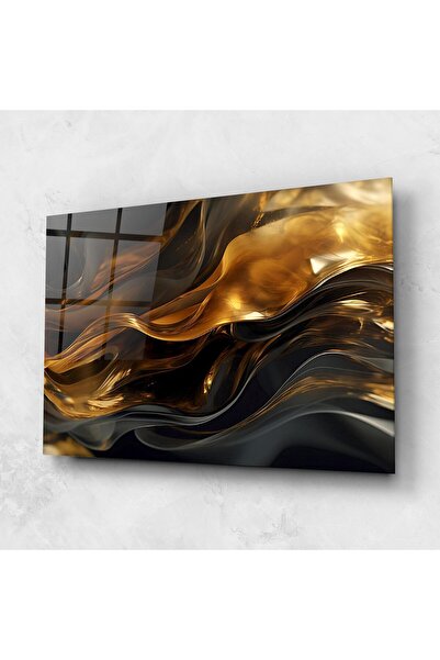 Arthub Glass Painting, Bedroom and Living Room, Abstract with Lines, Gold With Black Wave