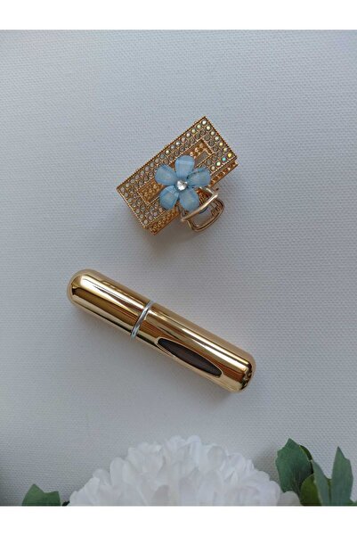 Pretty Taşlı Çiçekli Toka ve Altın Renk Parfüm Şişesi Seti