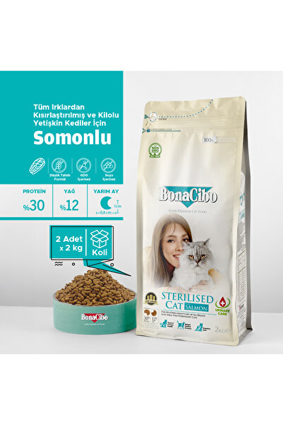 BonaCibo Adult Cat Sterilised Somonlu Kısırlaştırılmış Yetişkin Kedi Maması, 2 KgX2 Adt, Tüm Irklar, Şekersiz