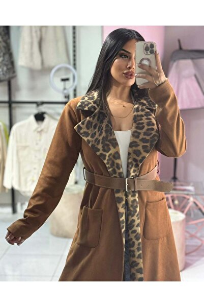 inci bayan giyim LEOPAR DESENLİ KEMERLİ TRENÇKOT