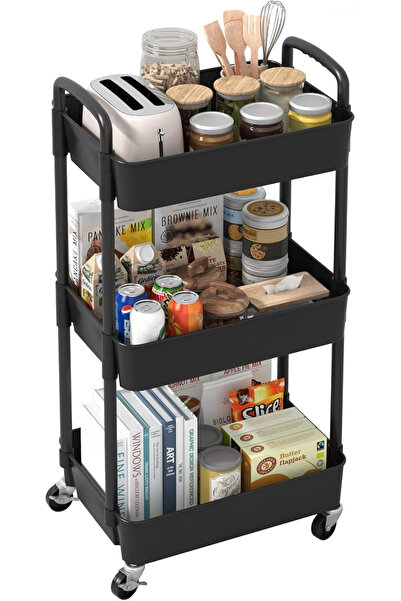 OEM Cărucior de depozitare negru cu 3 rafturi pentru baie, bucătărie 76x39x29 cm