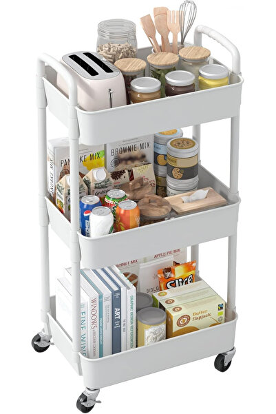 OEM Cărucior de depozitare alb cu 3 rafturi pentru baie, bucătărie 76x39x29 cm