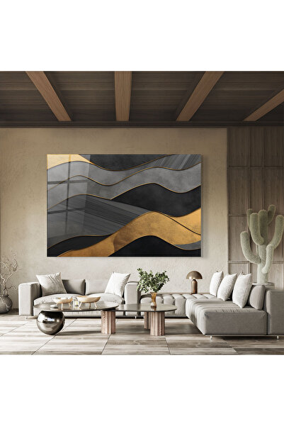 Arthub Glass Painting, Bedroom and Living Room, Abstract with Lines, Abstract Gold And Grey Waves