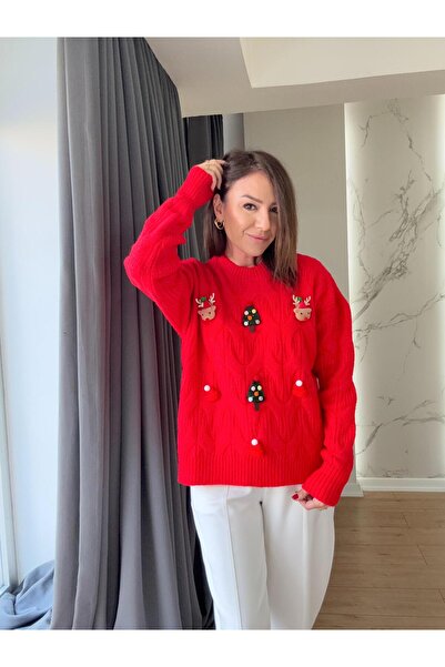 X-Young Pulover cu design de Anul Nou ROȘU