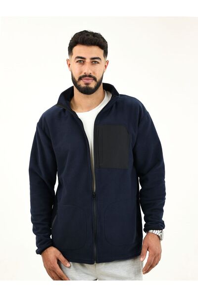 TKT Navy Blue Fleece Jacket with 3 Pockets, Full Zipper, Front Panel Detail