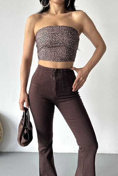 Coşkun GİYİM Women's Pensli Flared Jeans Trousers Brown 7021-78
