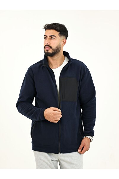 TKT Navy Blue Fleece Jacket with 3 Pockets, Full Zipper, Front Panel Detail