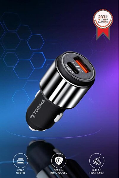 Torima Hızlı Şarj Adaptörü 45W Type-C Kablolu Araç Çakmaklık Şarj C16 Gümüş