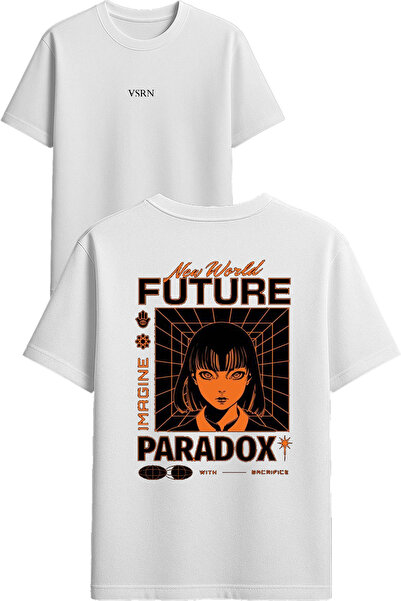 VSRN تي شيرت نيو وورلد فيوتشر ديزاين مطبوع أبيض قصة فضفاضة