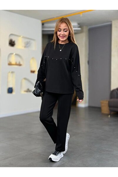 Turega Style طقم نسائي مكون من قطعتين من قماش المودال بتفاصيل لؤلؤية