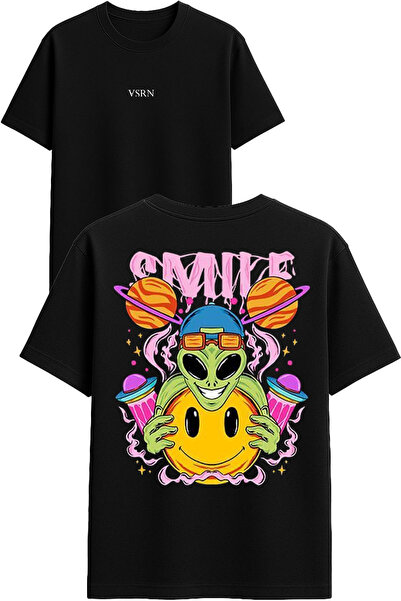 VSRN تي شيرت سمايل ديزاين مطبوع أسود قصة فضفاضة
