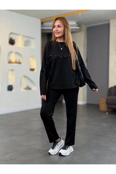 Meleners Women's Pearl Detail Modal Fabric Double Set