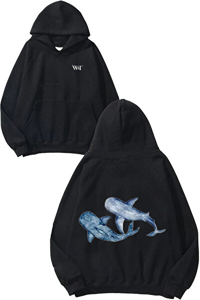 THEWERT Blue Whales Design Back Printed Black Hooded Sweatshirt