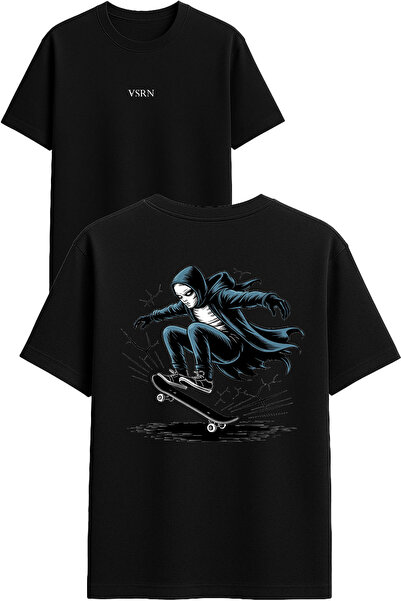 VSRN Tricou oversize negru cu imprimeu Ghost Skateboarder Design