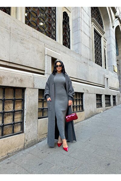 GİYSİ DÜNYASI 57 Triko Fabric Long Sleeve Cardigan Dress with Pockets 2-Piece Set