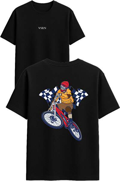 VSRN Tricou oversize negru cu imprimeu design curse de biciclete