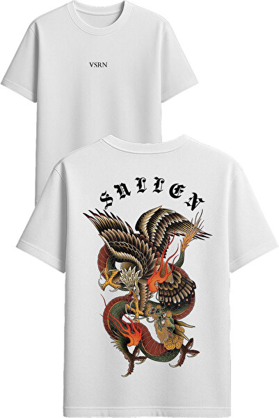 VSRN Falcon and Dragon Design Printed White Oversized t Shirt