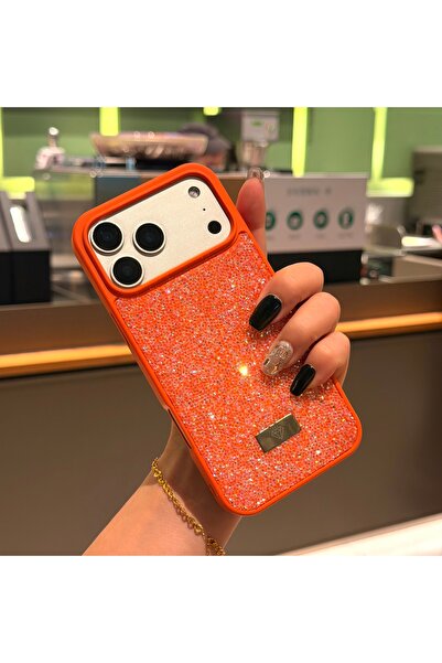 Fibaks iPhone 17 Pro Max Case with Velvet Diamond Design Inside, Orange Stone Sparkling Diamond Silicone Cover