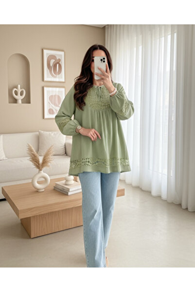 MissRunin Dantel Detaylı Yakası Bağlamalı Kolu Lastikli Gömlek