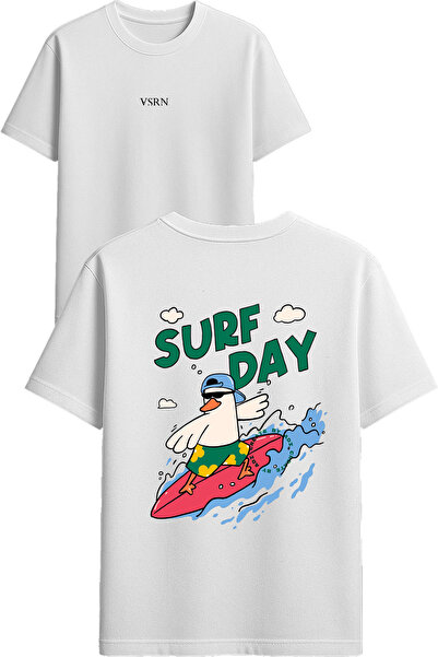 VSRN Tricou supradimensionat alb cu imprimeu Surf day Design