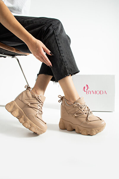 Bymoda New Season Nut & Dark Beige Hidden Wedge Heeled Sneakers Heel Height Total 10 cm