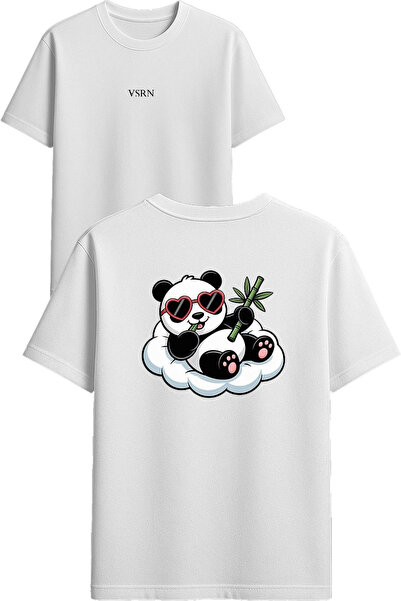 VSRN Tricou supradimensionat alb cu imprimeu cu design panda deasupra norului