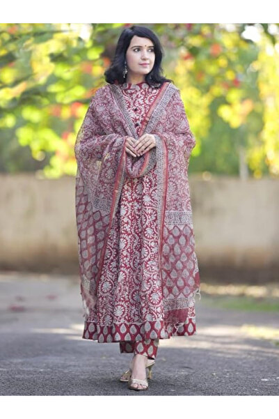 MYSMAR Red Viscose Cotton Salwar Kameez Dupatta - ALV2038 | Red