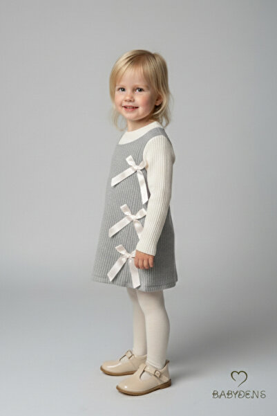 BABYDEN'S Kız Çocuk Fitilli Elbise %100 Pamuk,Uzun Kollu,Fiyonklu,Yumuşak Dokulu, Şık Günlük,Özel Gün Elbisesi