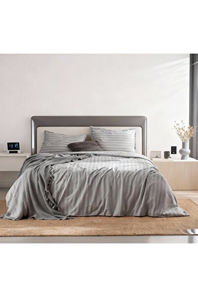 Madame Coco Melicia Çift Kişilik Pamuklu Çizgili Saten Nevresim Takımı - Gri