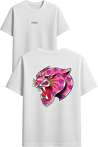 VSRN تي شيرت بتصميم قلب جاغوار مطبوع أبيض قصة فضفاضة