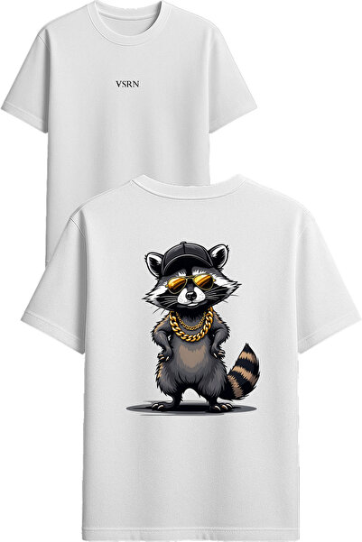 VSRN Tricou oversize alb cu imprimeu design raton și lanț auriu