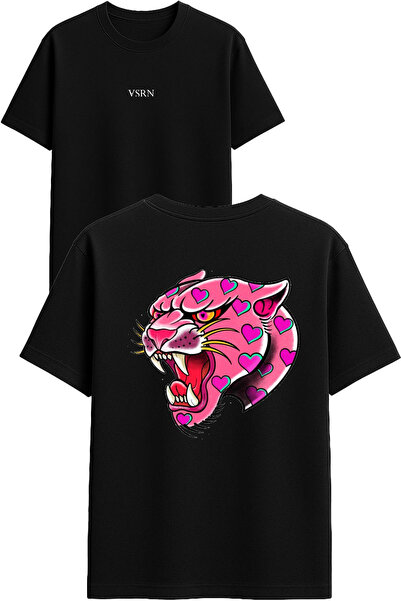 VSRN تي شيرت بتصميم قلب جاغوار مطبوع أسود قصة فضفاضة