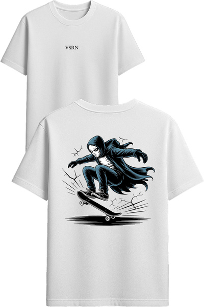 VSRN Tricou oversize alb cu imprimeu Ghost Skateboarder Design