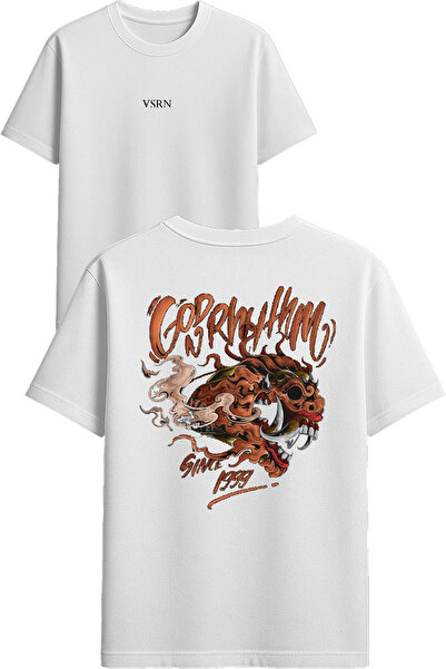 VSRN تي شيرت بتصميم الوحش الغريب مطبوع أبيض قصة فضفاضة