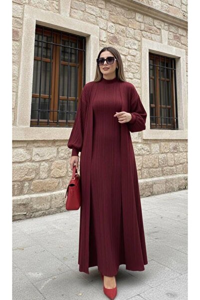 GİYSİ DÜNYASI 57 Triko Fabric Knitted Detail Cardigan Dress Full Length 2-Piece Set