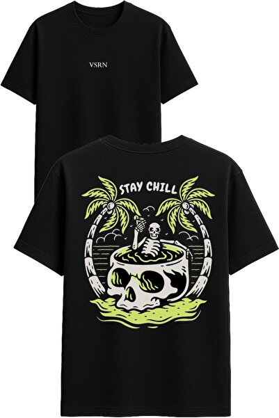 VSRN Tricou negru oversize cu imprimeu Stay chill Design